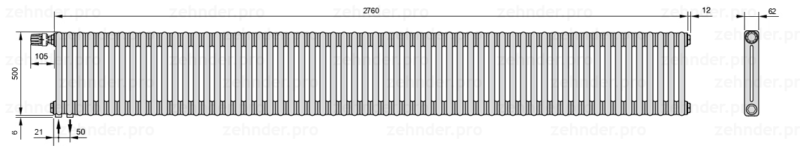 Схема (чертеж) Радиатор Zehnder Charleston 2050/60 №V001 Белый глянцевый RAL 9016